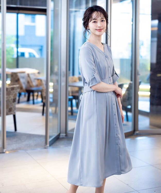 Tiaclasse L 【新色追加・洗える】バックリボン前開きワンピース ブルー