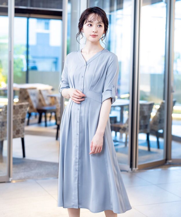 Tiaclasse L 【新色追加・洗える】バックリボン前開きワンピース ブルー