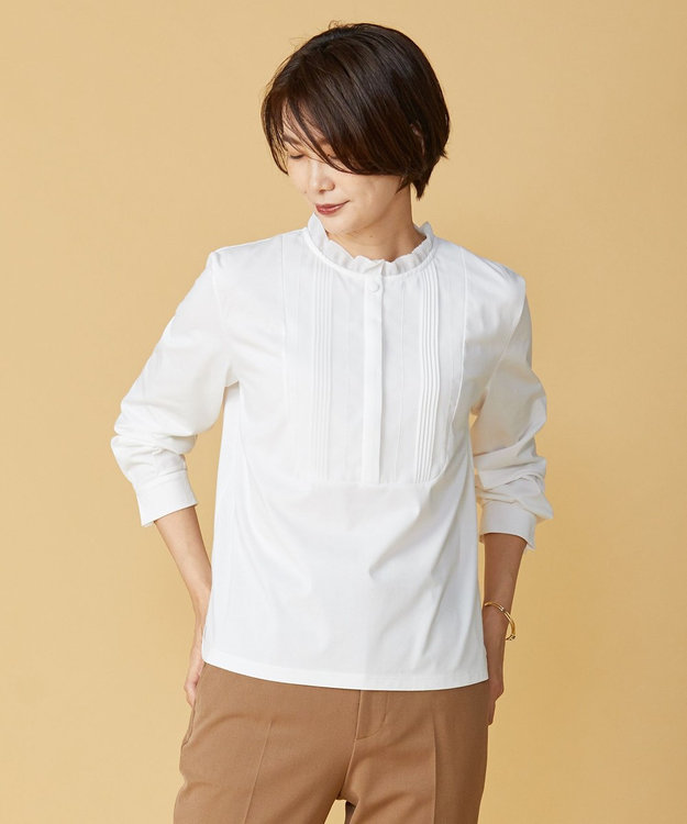 J.PRESS LADIES S 【吸水速乾】プレーティングジャージー フリル衿 カットソー ホワイト系