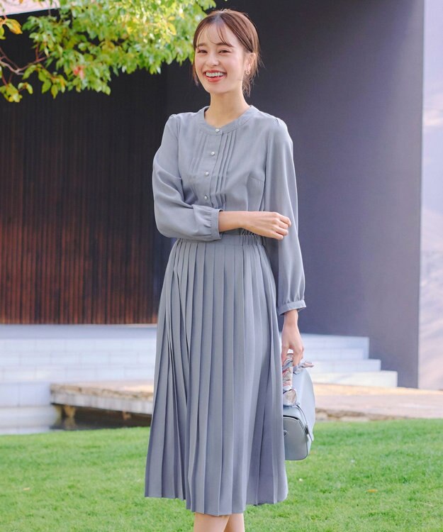 Tiaclasse 【新色追加・洗える】パールボタンプリーツワンピース ブルー