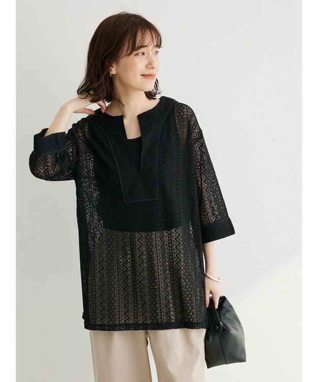 Green Parks カフタンレース７分袖ブラウス Black