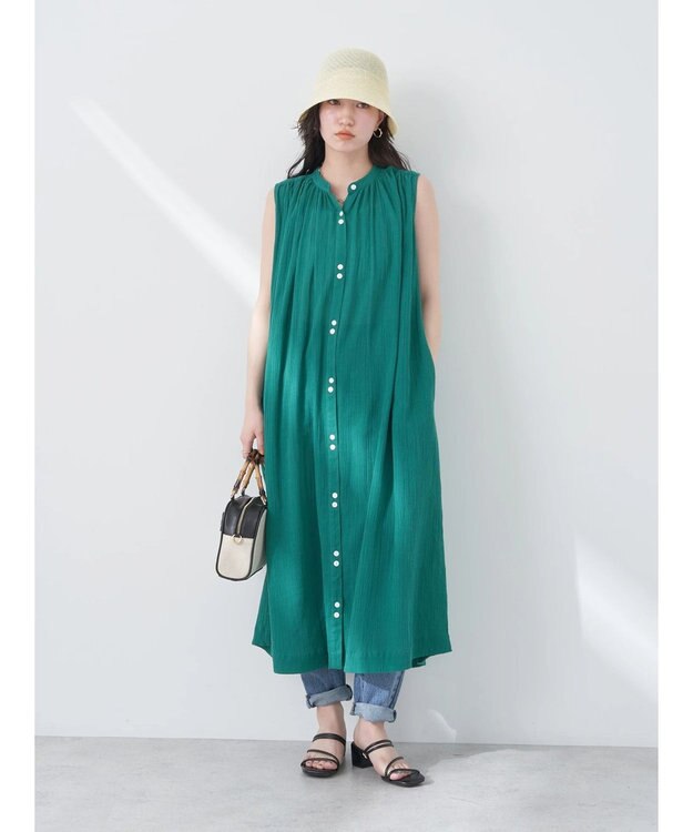 earth music&ecology ノースリーブギャザーワンピース Green