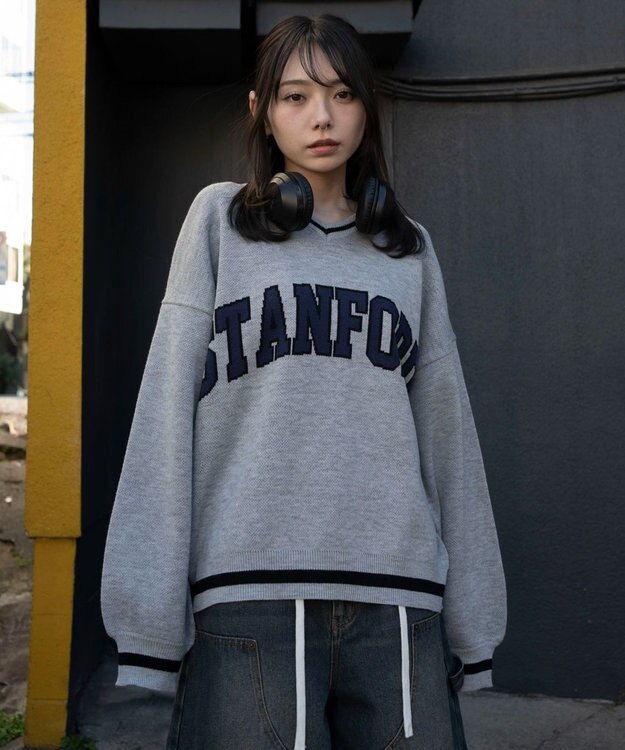 WEGO VネックグラフィックニットBIGプルオーバー 杢グレー