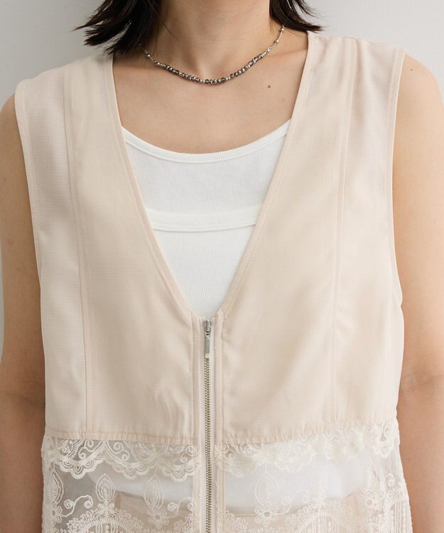 Green Parks レースドッキングＺＩＰベスト Ecru