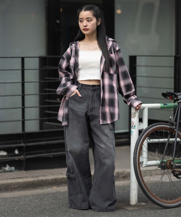 WEGO フードチェックシャツ ピンク