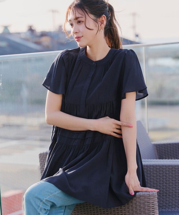 Tiaclasse 【洗える】バンドカラーティアードシャツチュニックブラウス ネイビー