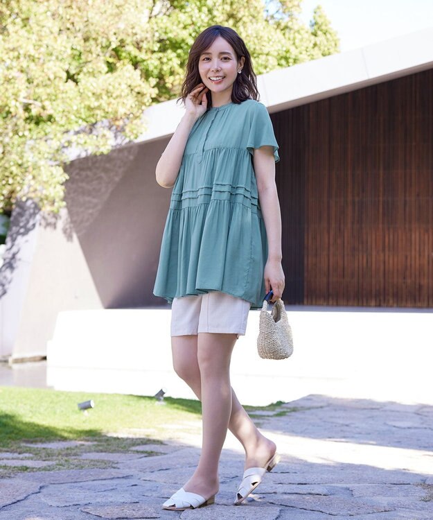 Tiaclasse 【洗える】バンドカラーティアードシャツチュニックブラウス ミント