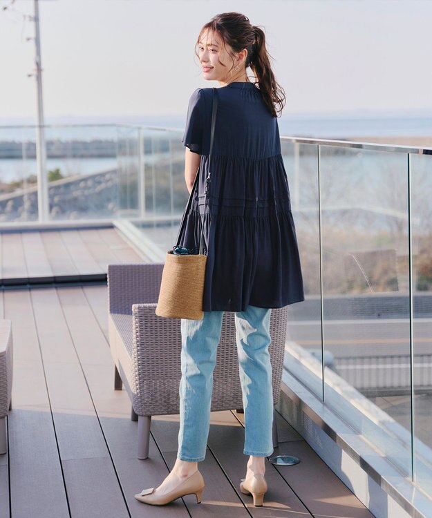 Tiaclasse 【洗える】バンドカラーティアードシャツチュニックブラウス ネイビー