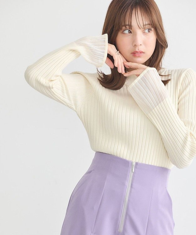 earth music&ecology シアースリーブリブハイネックプルオーバー Ivory