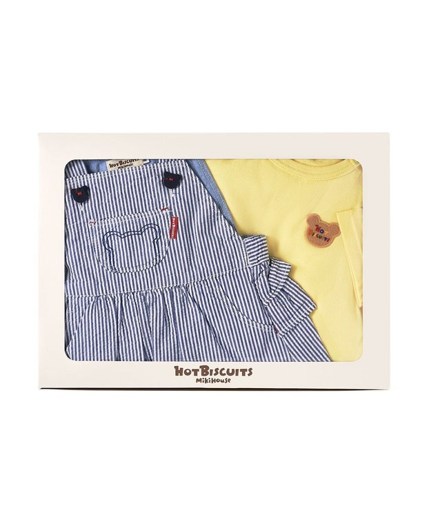 MIKI HOUSE HOT BISCUITS ストライプ柄 ジャンパースカート＆ワンポイント半袖Tシャツギフトセット【BOX付き】 黄