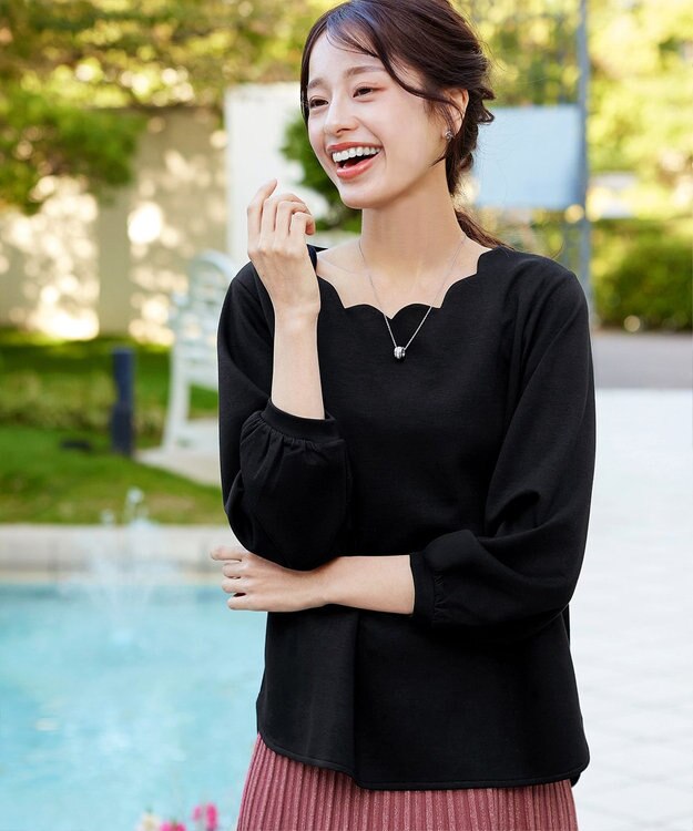 Tiaclasse 【洗える】【ふわもち美すふれ】スカラップカットソー ブラック