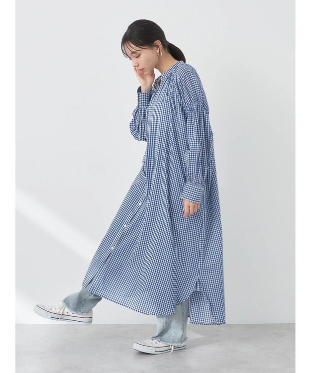 earth music&ecology コットンボイルギャザーワンピース Check Blue