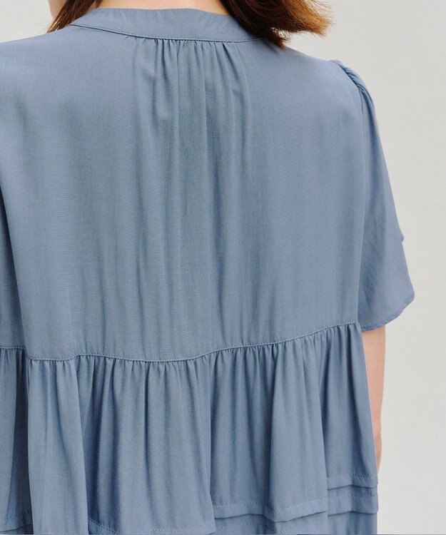 Tiaclasse 【洗える】バンドカラーティアードシャツチュニックブラウス ブルー