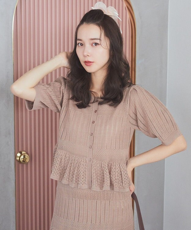 earth music&ecology ＳＥＴ２点レース編みペプラムカーデ＋スカート Pink Beige