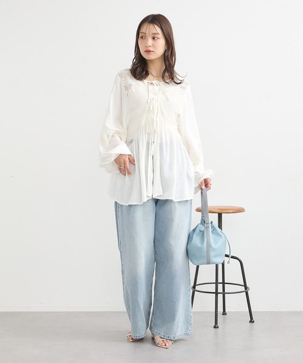 earth music&ecology レーヨンレースデザインシャツ Off White