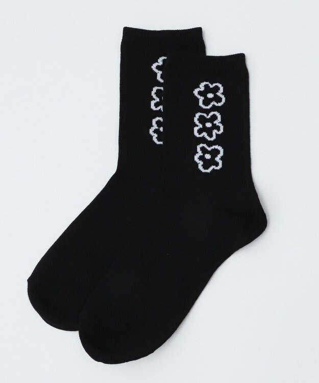 WEGO 手書き風3連フラワーソックス ブラック