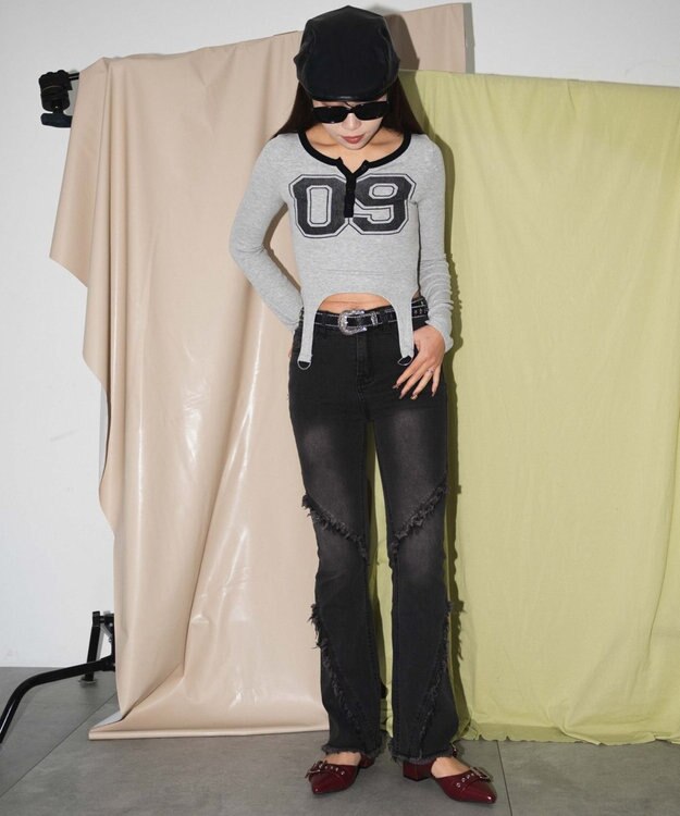 WEGO ナンバリングガーターリブトップス グレー