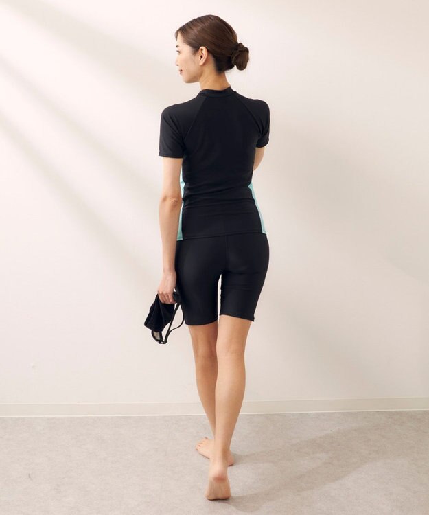 OP／FILA 【FILA】フルジップ半袖フィットネス水着4点セット/キャップ＆ミラーゴーグル付き ブラック×ミント