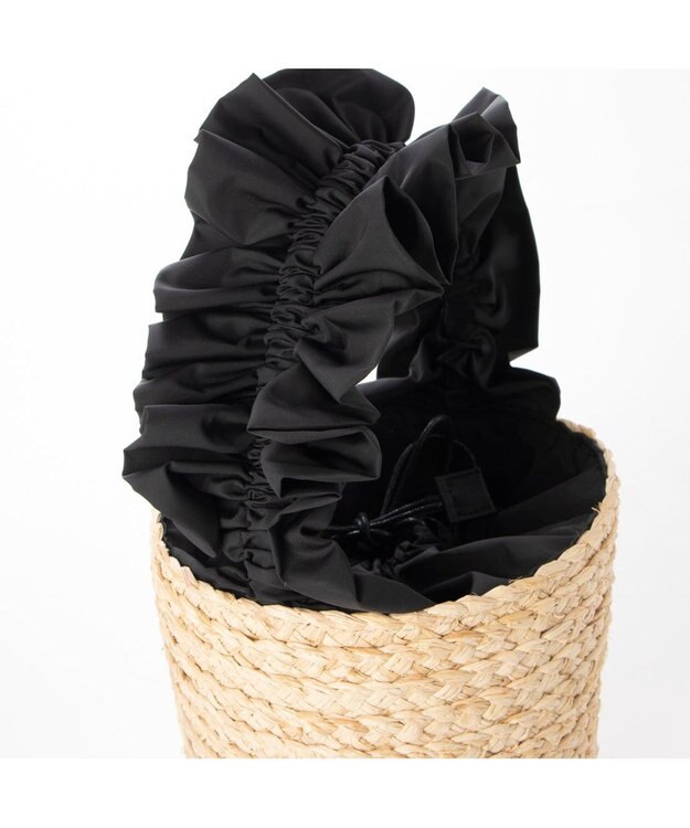 UNBILLION cachecache フリルハンドルラフィアバケツバッグ ブラック