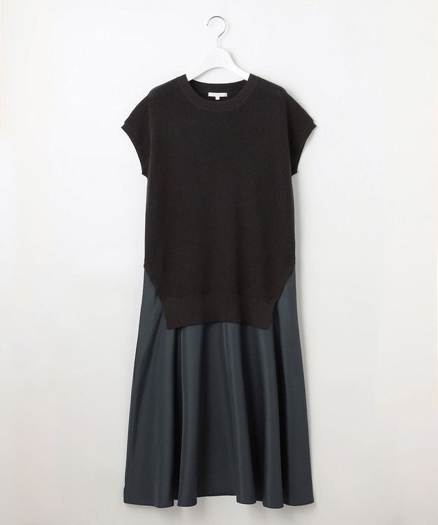 自由区 L 【カタログ掲載・洗える】ハイツイストコットンアセテート異素材コンビ ワンピース ブラウンxネイビー