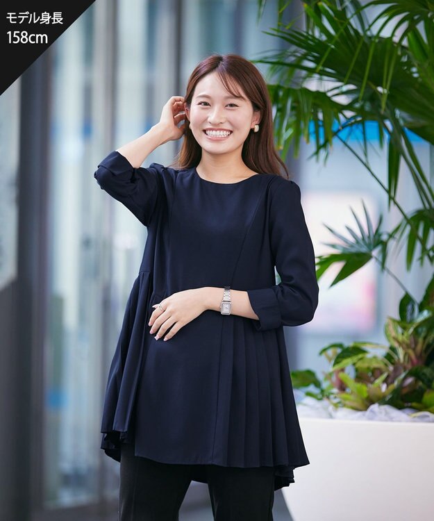 Tiaclasse 【洗える】 サイドプリーツ長袖チュニックブラウス ネイビー
