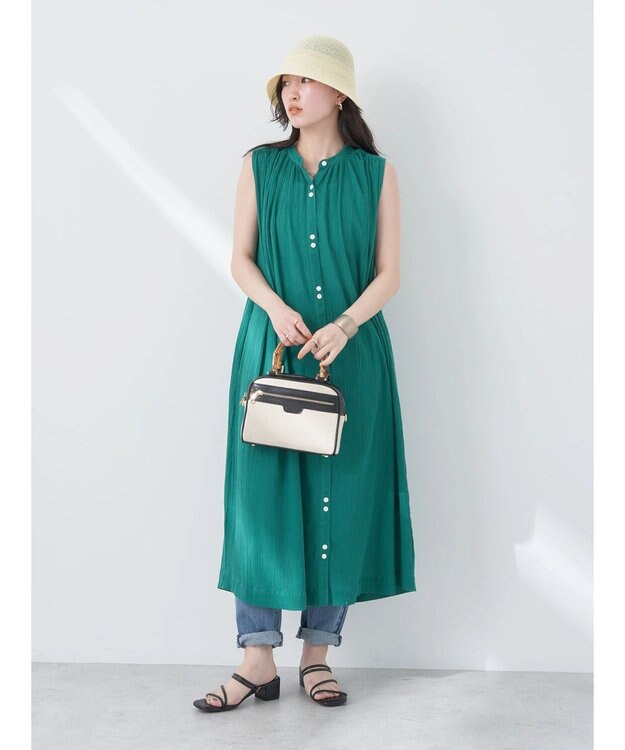 earth music&ecology ノースリーブギャザーワンピース Green