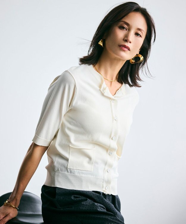 BEIGE， 【洗える】VALOIS / ジョーゼットトリム半袖カーディガン Ecru