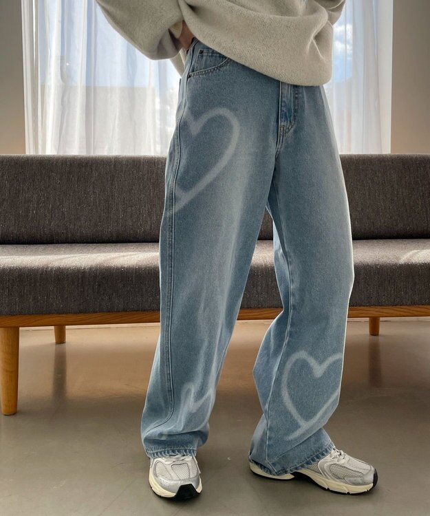 WEGO スプレーペイントストレートデニムパンツ デニム淡色