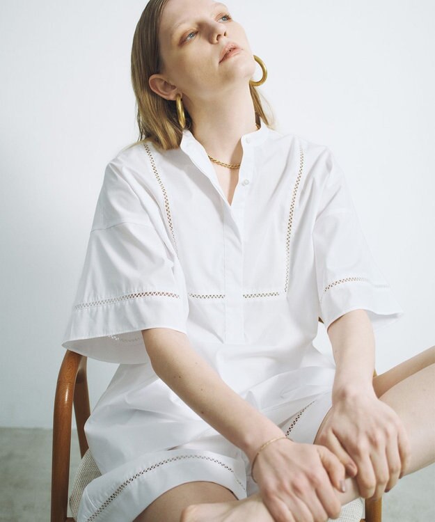 #Newans 【洗える/セットアップ可能】ハシゴレースビブデザインシャツ ホワイト