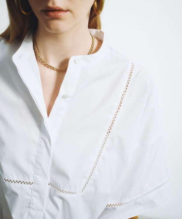 #Newans 【洗える/セットアップ可能】ハシゴレースビブデザインシャツ ホワイト