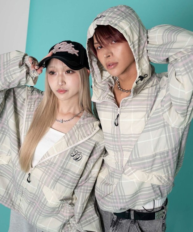 WEGO 【ユニセックス着用ITEM/MLサイズ展開】チェックロゴフードブルゾン ピンクソノタ