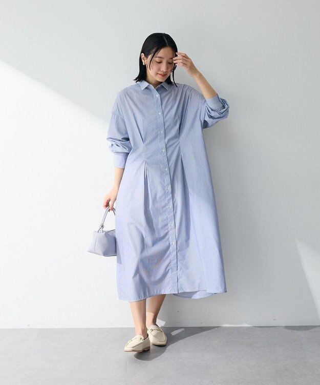 Green Parks イージーケア抜け衿ウエストタックシャツワンピース Navy