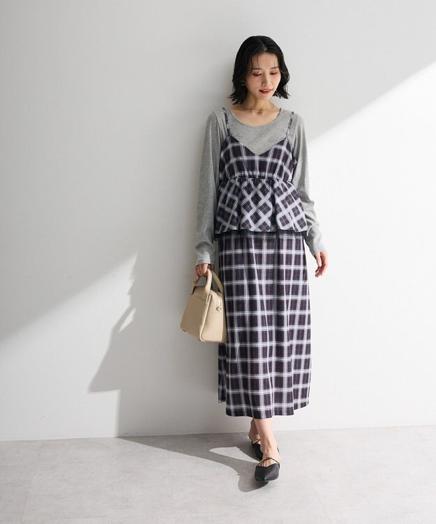 Green Parks ペプラムチェックキャミワンピース Black