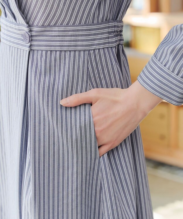 Tiaclasse カシュクールシャツワンピース ネイビーストライプ