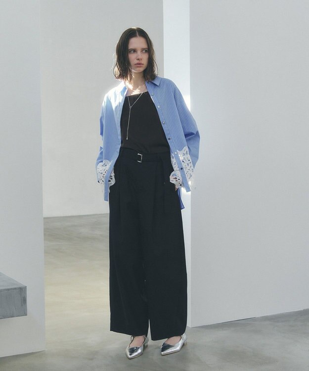 YECCA VECCA レースヘムロングシャツ Stripe