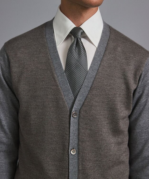 GOTAIRIKU 体温調整に【洗える/チクチクしにくい/ピリングしにくい】イタリア糸 ハイゲージ カーディガン_WOOL100% グレー×バーズアイ柄(25年新色)