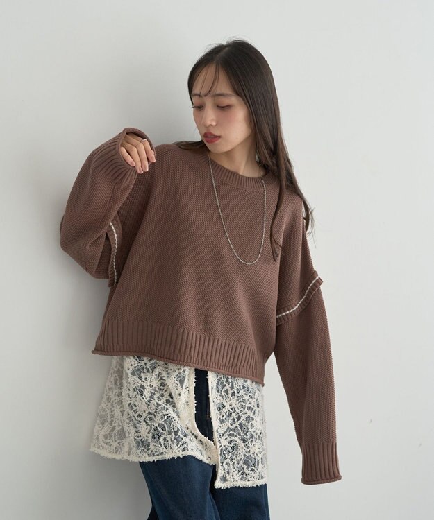 earth music&ecology 【洗濯機洗い可 / 選べる丈】アンチピリングC/A選べる丈配色ニット ブラウン