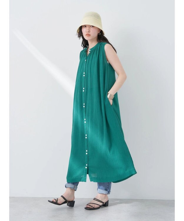 earth music&ecology ノースリーブギャザーワンピース Green