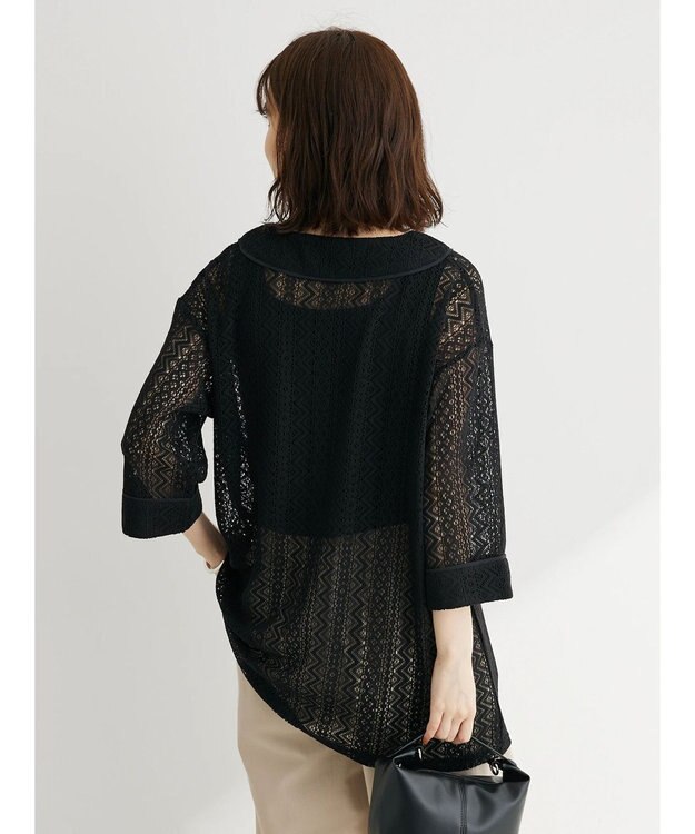 Green Parks カフタンレース７分袖ブラウス Black