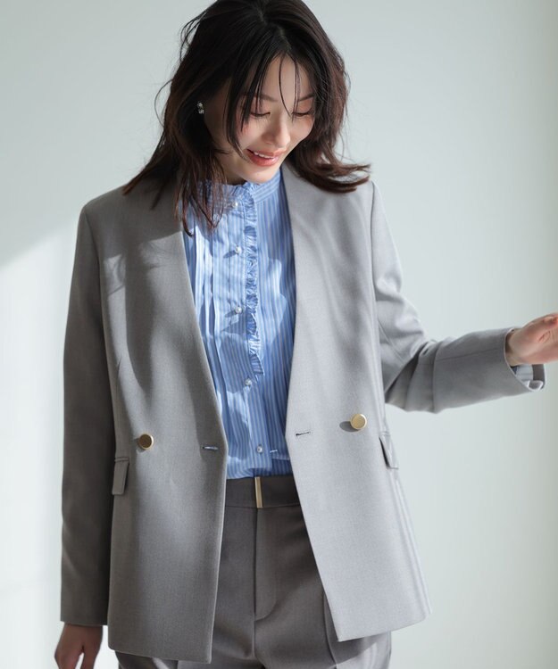 ANY SIS S 褒めらレディストレッチ カラーレス ジャケット グレーシャンブレー