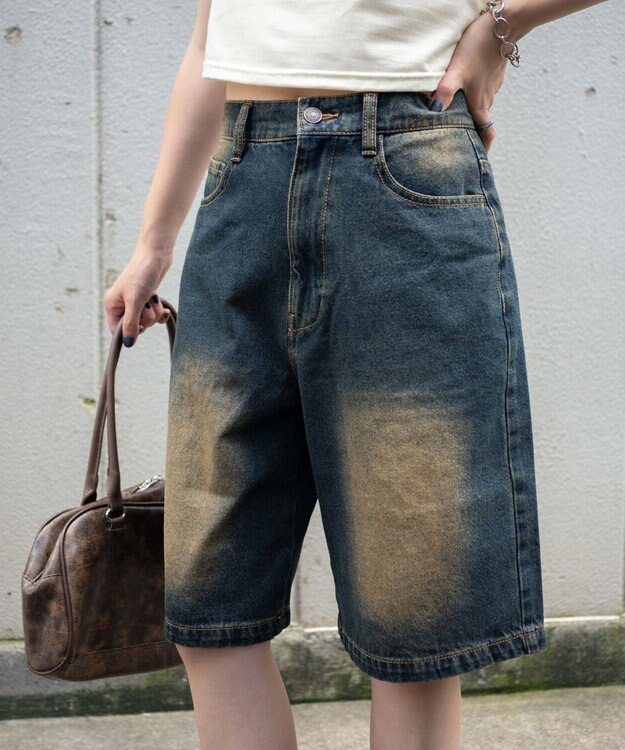 WEGO 【新色追加】ヴィンテージウォッシュデニムハーフパンツ デニム濃加工色