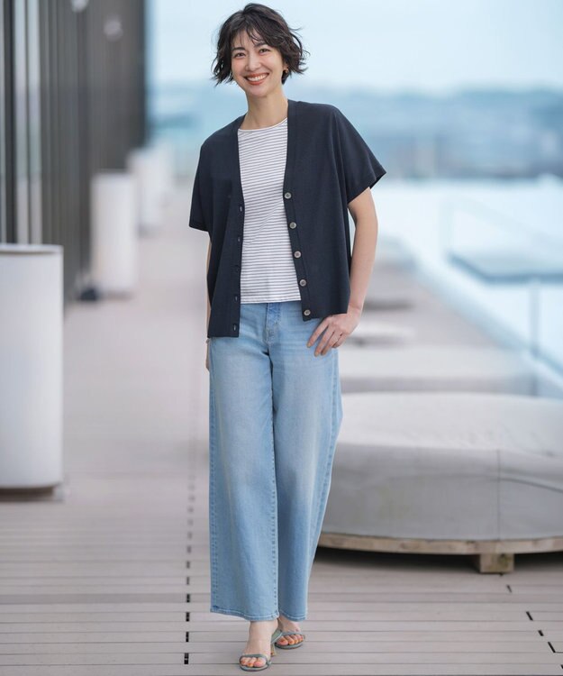 J.PRESS LADIES L 【一枚で着映え・シーンレスに活躍】コットンスムース レースデザイン カットソー オフ×ネイビー系