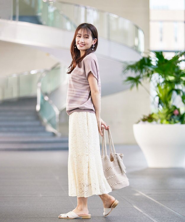 Tiaclasse 【洗える】マルチボーダーフレンチスリーブニット ピンク×ライトピンク