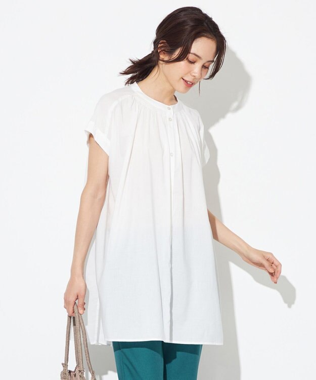 ANY 【洗える】シャーリングチュニック ブラウス アイボリー系