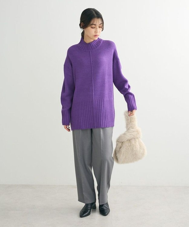 Green Parks 洗えるモックネックニットプルオーバー Purple