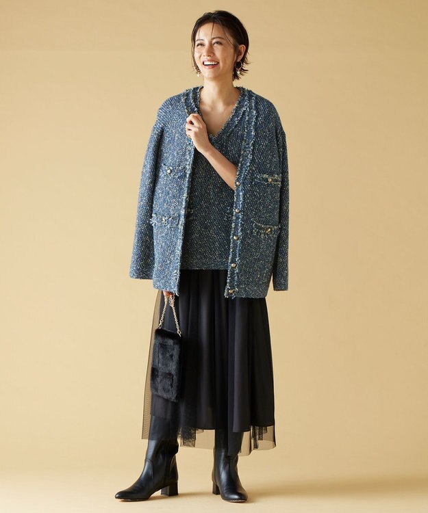 自由区 ミックスツイードニット   カーディガン リッツブルー系