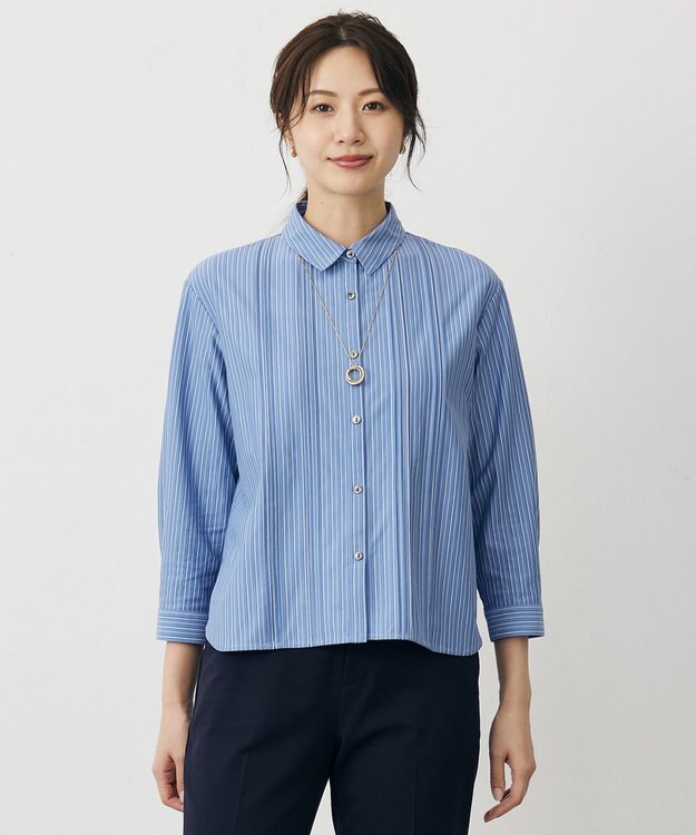 J.PRESS LADIES ストライプジャージー シャツライク カットソー ダルブルーストライプ系