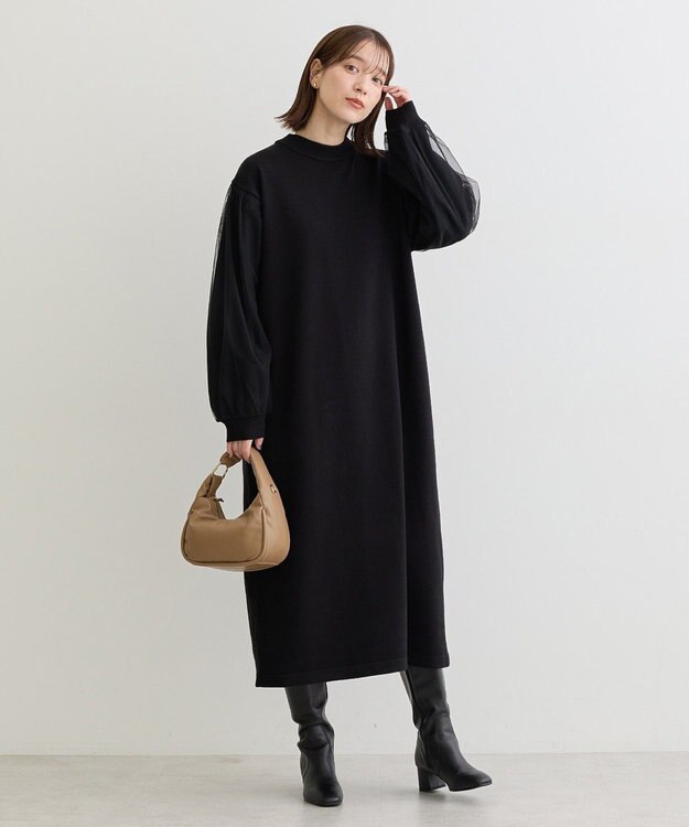 Green Parks 袖チュールニットワンピース Black