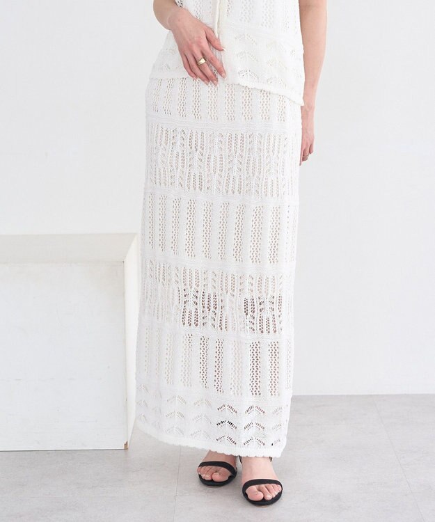 earth music&ecology 【セットアップ対応】透かし編みニットＩラインスカート Off White