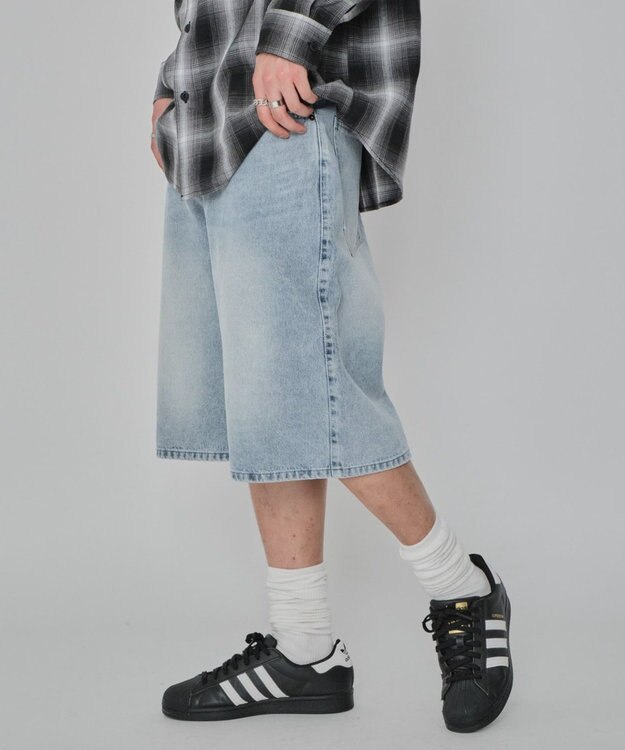 WEGO 【紐で調節可能】スーパーバギーデニムショーツ デニム淡色